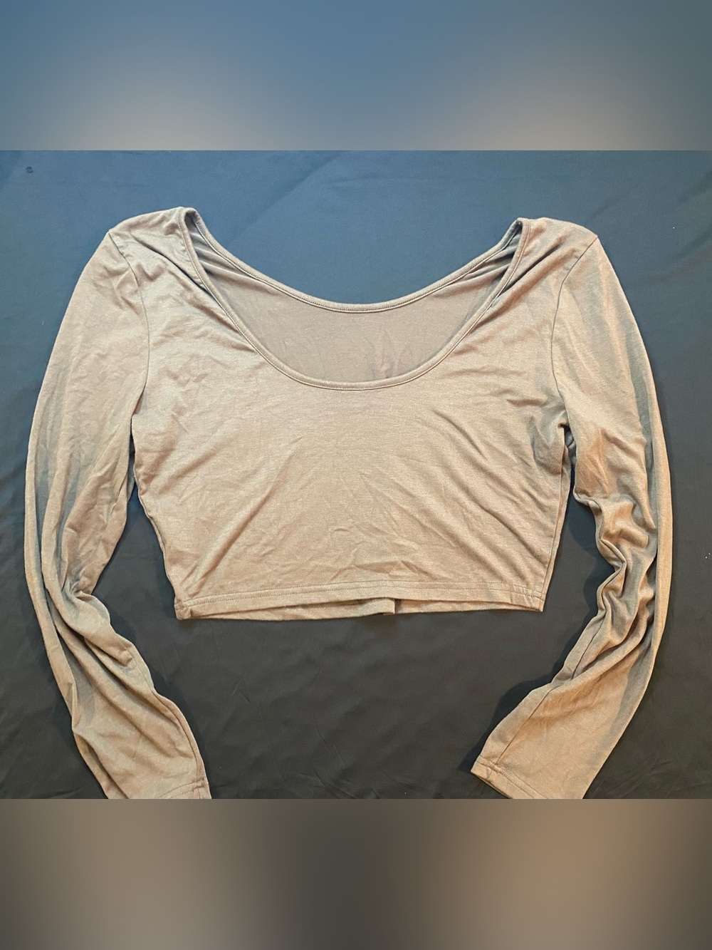 Long-Sleeve Scoop Neck Crop Top in Beige